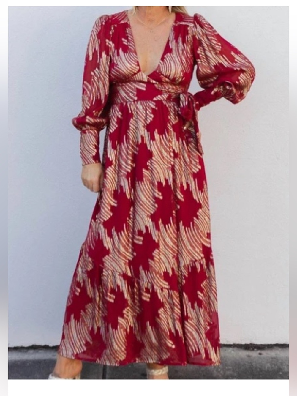 Women's Red Printed Wrap Maxi Dress with Long Sleeves